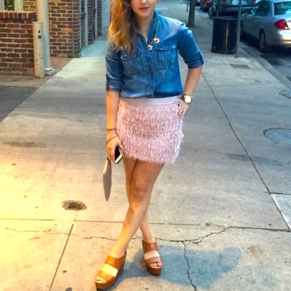 Express Pink chiffon fringe mini skirt